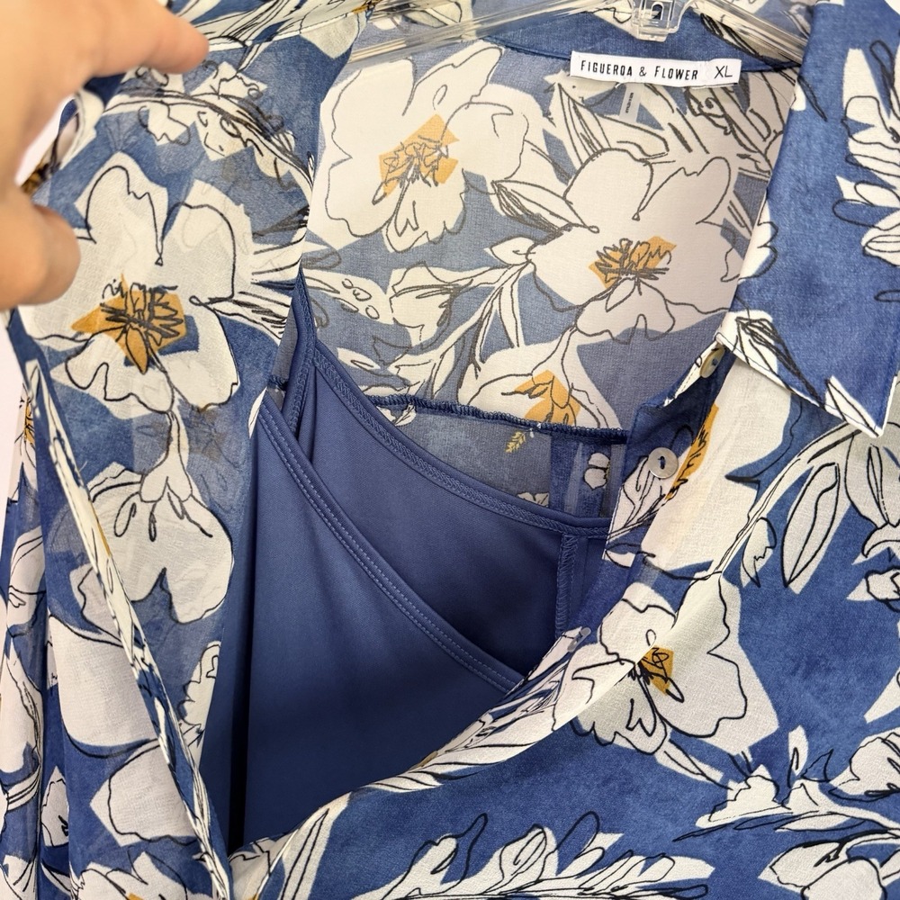 Figueroa & Flower Tunic XL Sheer Blue Floral Chiffon Tank Roll Tab Sleeve‎ NEW - Picture 6 of 9
